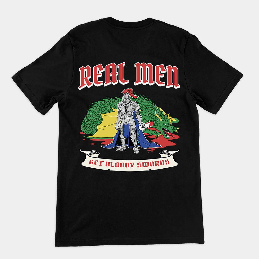 Real Men Get Bloody Swords t-shirt (backprint) - Orbital Clothing