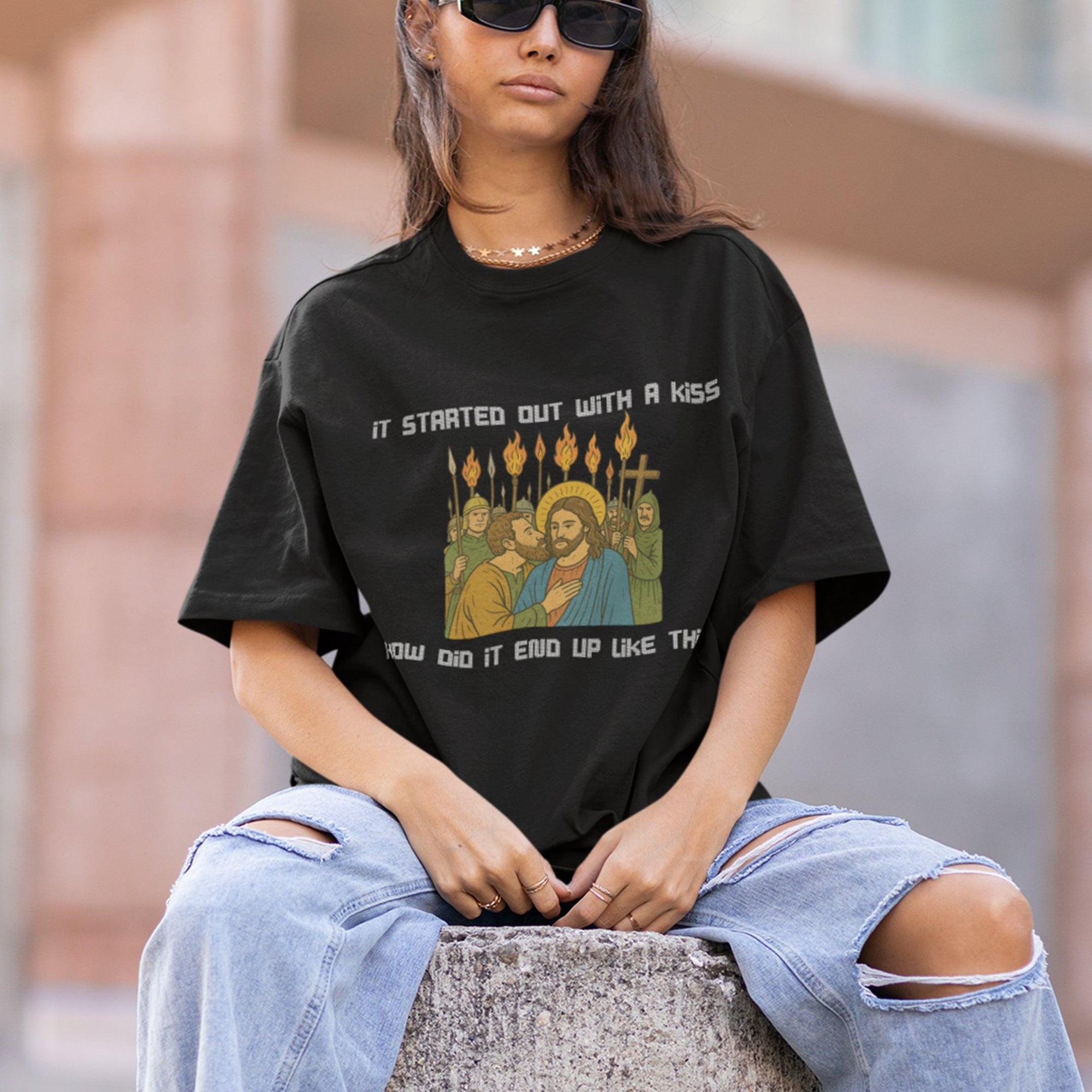It was only a kiss How did it end up like this Jesus & Judas T-Shirt - Orbital Clothing
