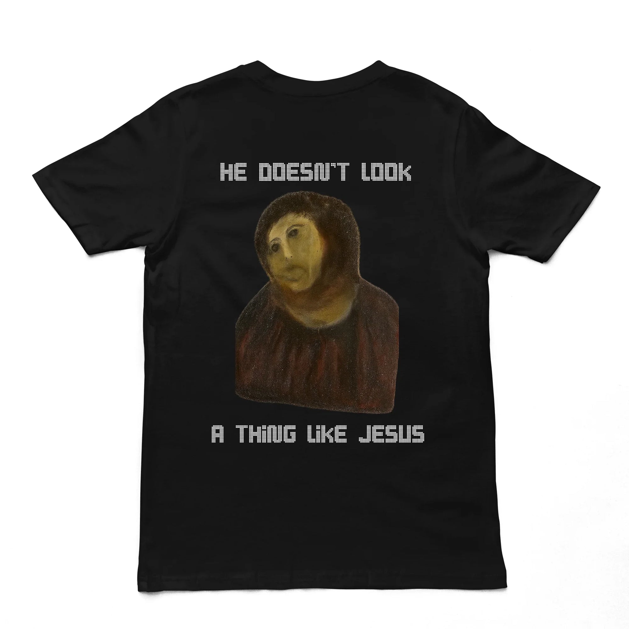 He doesn't look a thing like Jesus T-Shirt (backprint) - Orbital Clothing