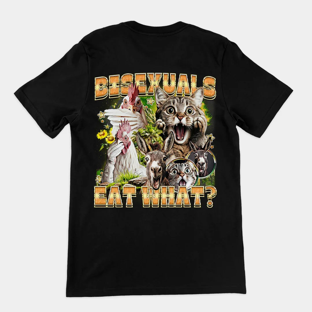Bisexuals Eat What? (vintage style) T-Shirt (backprint) - Orbital Clothing