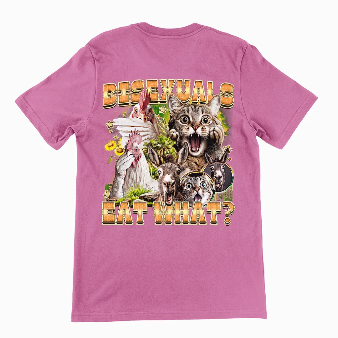Bisexuals Eat What? (vintage style) T-Shirt (backprint) - Orbital Clothing
