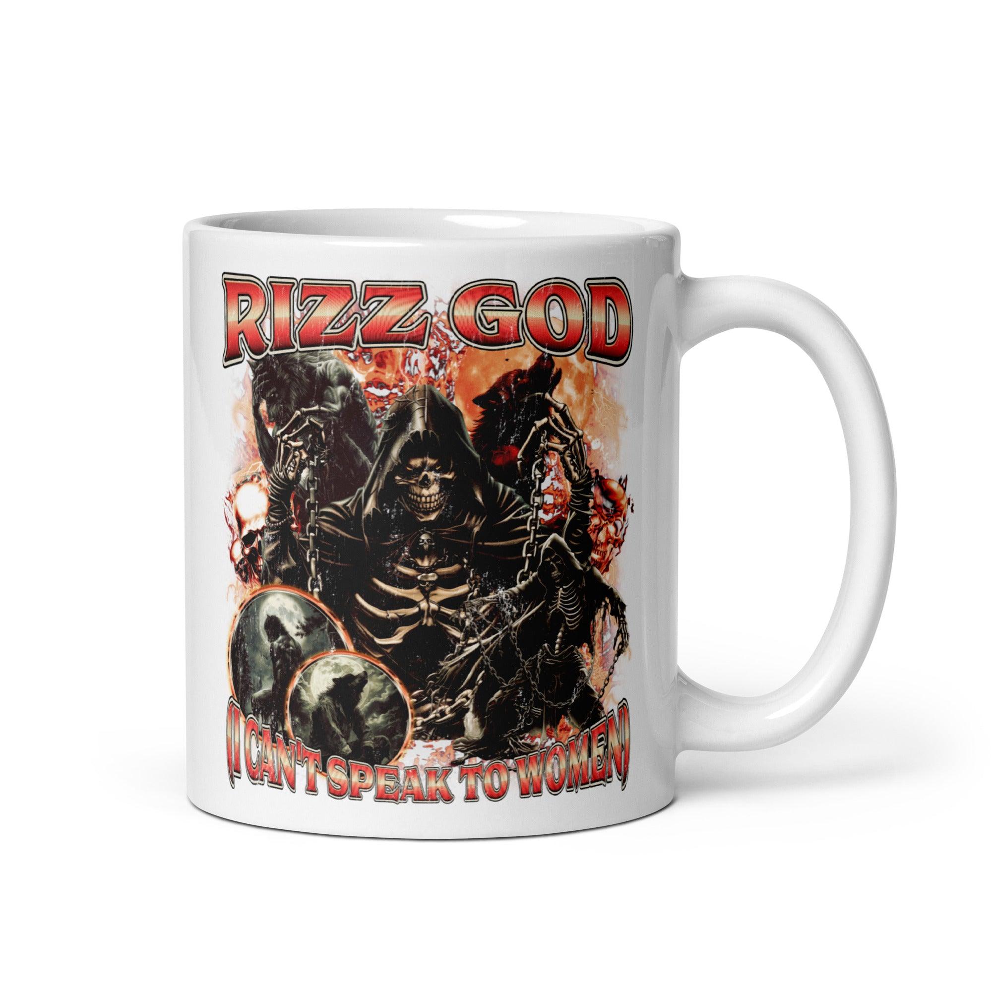 Rizz God I can't speak to women White glossy mug - Orbital Clothing