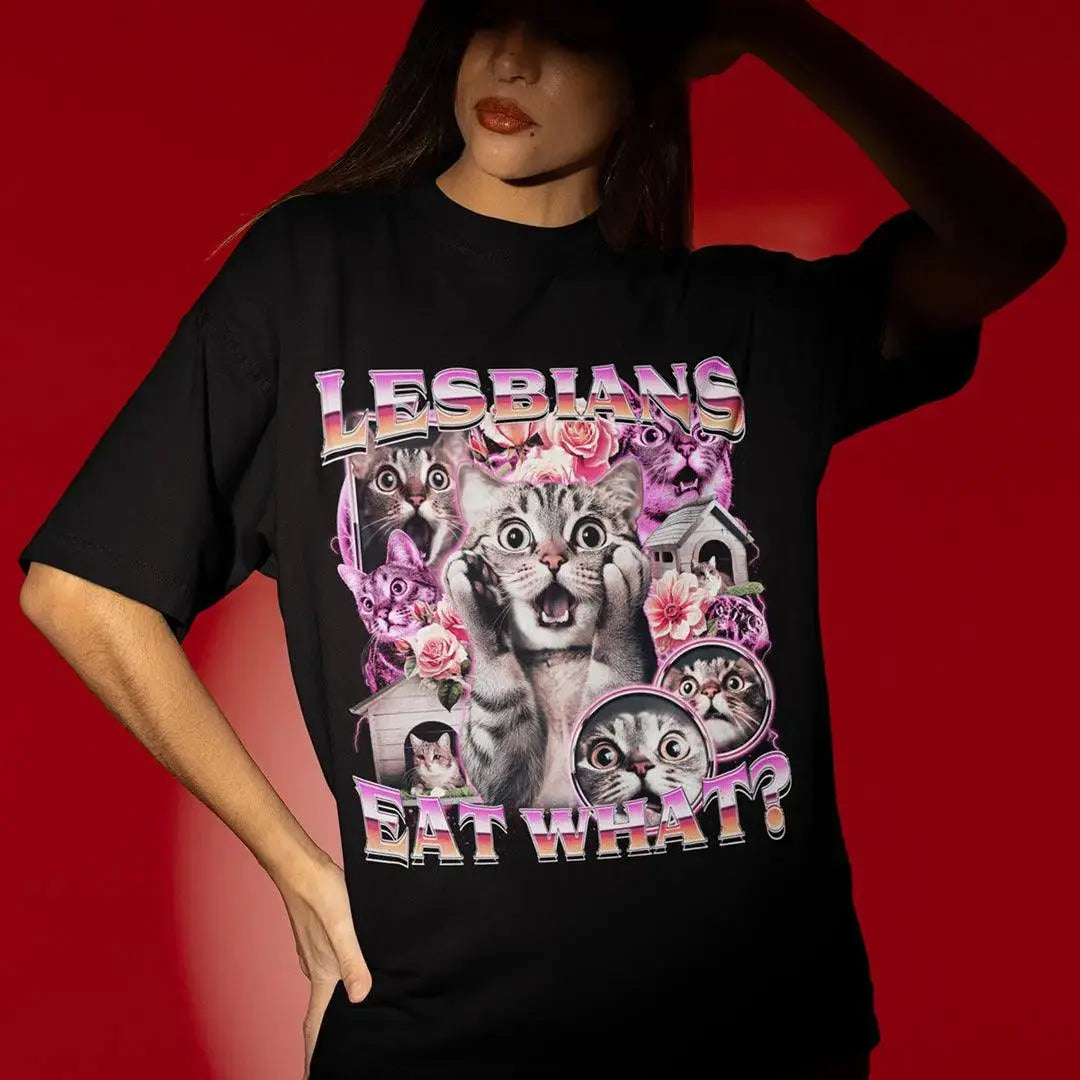 Model wearing the Lesbians Eat What offensive funny t-shirt from Orbital Clothing