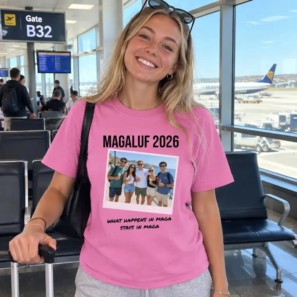 Woman at an airport gate wearing a custom pink t-shirt with a group holiday photo and 'Magaluf 2026'