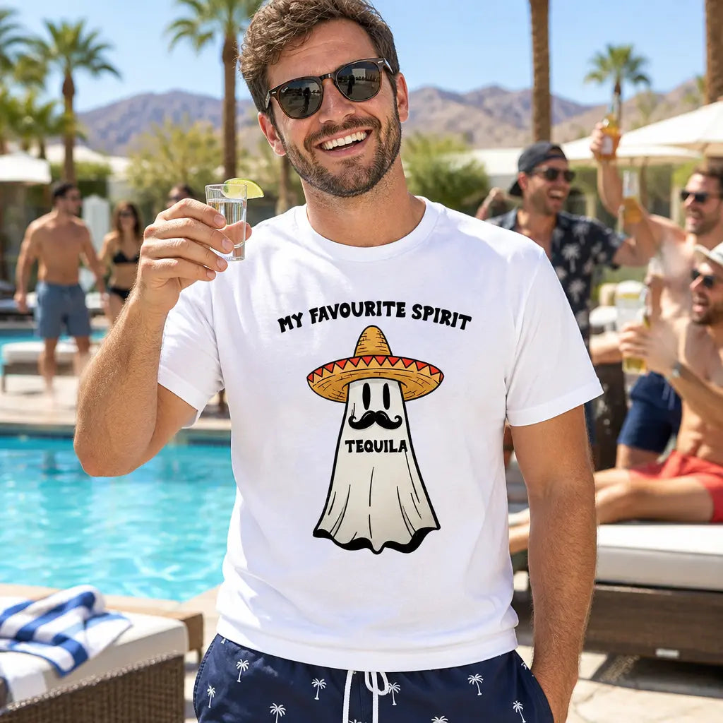 Man at a bachelor party by a hotel pool holding a tequila shot, wearing a white My Favourite Spirit Tequila t-shirt with a ghost in a sombrero