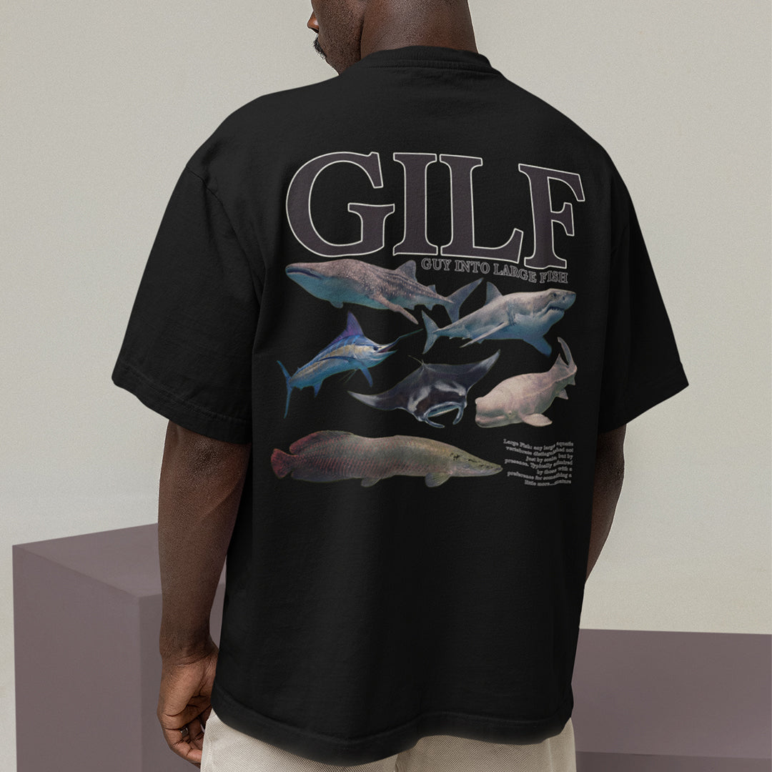GILF (guy into large fish) T-Shirt (backprint) Orbital Clothing