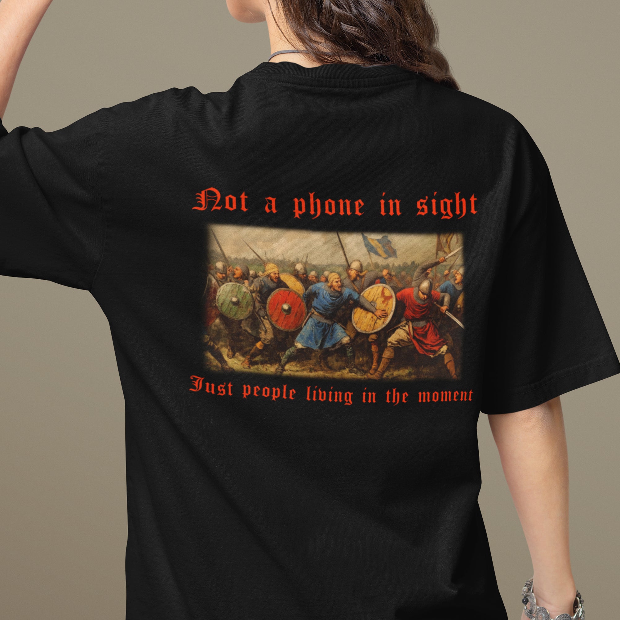 Not a phone in sight just people living in the moment T-Shirt (backprint)