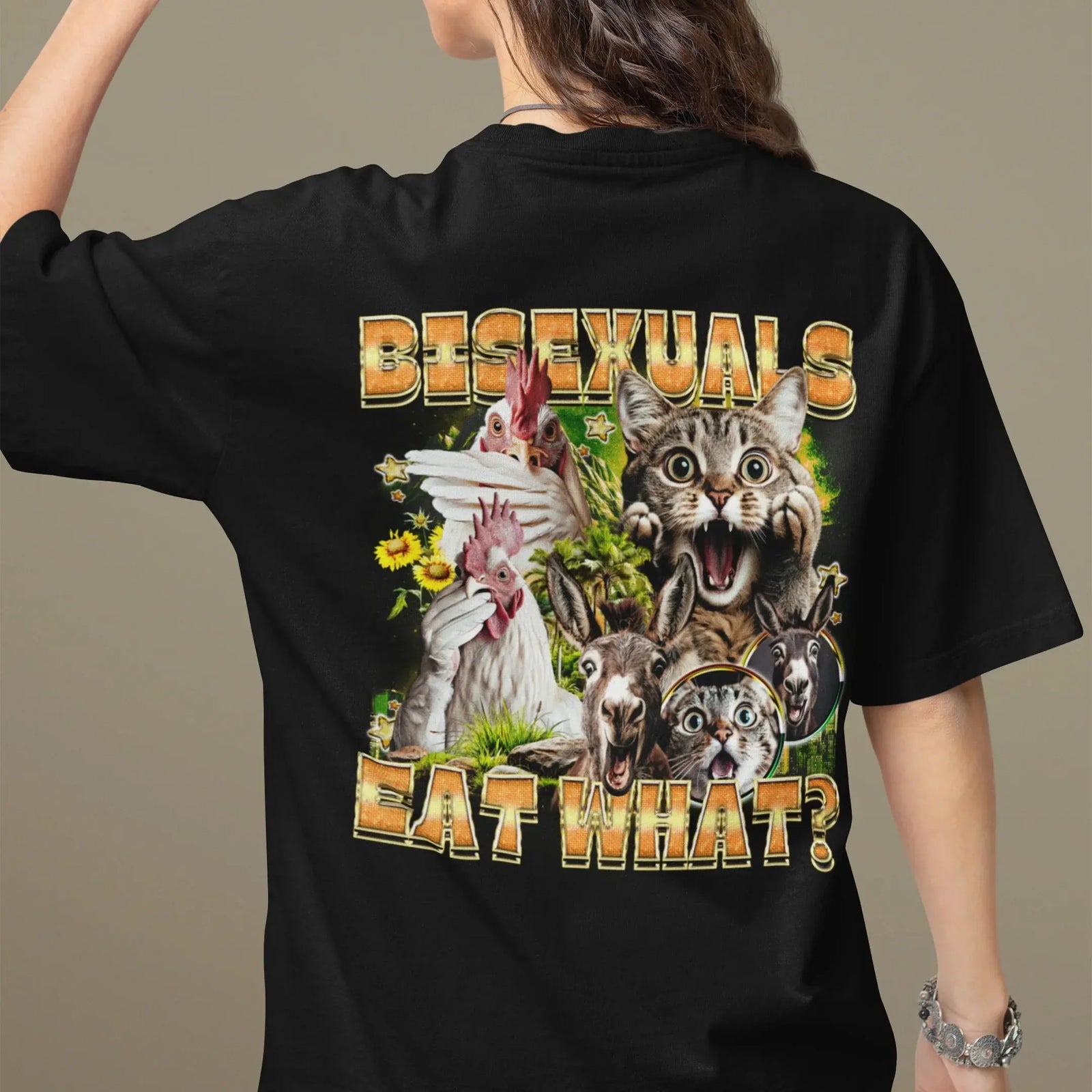Bisexuals Eat What? (vintage style) T-Shirt (backprint) - Orbital Clothing