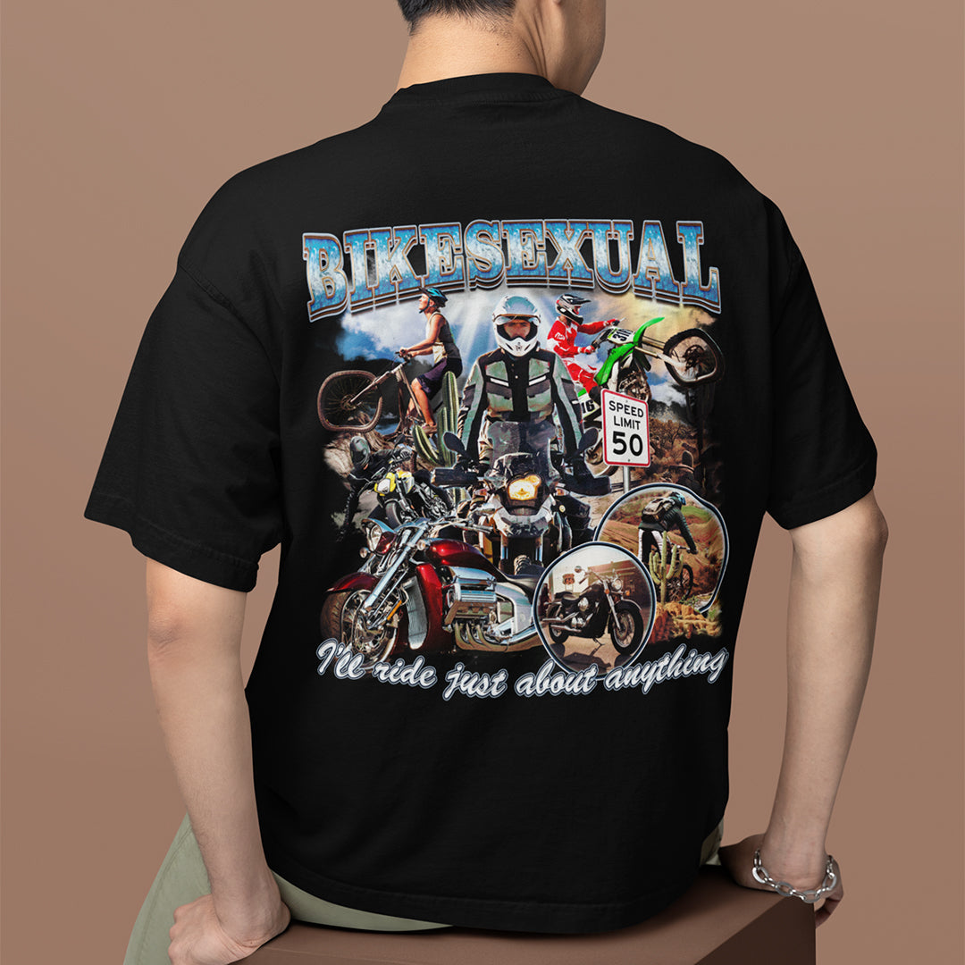 Bikesexual (I'll ride just about anything) T-Shirt (backprint) Orbital Clothing