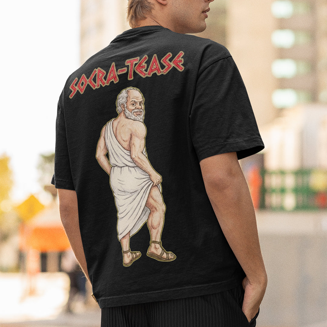 Socra-tease (Socrates being a tease) T-Shirt (backprint) Orbital Clothing