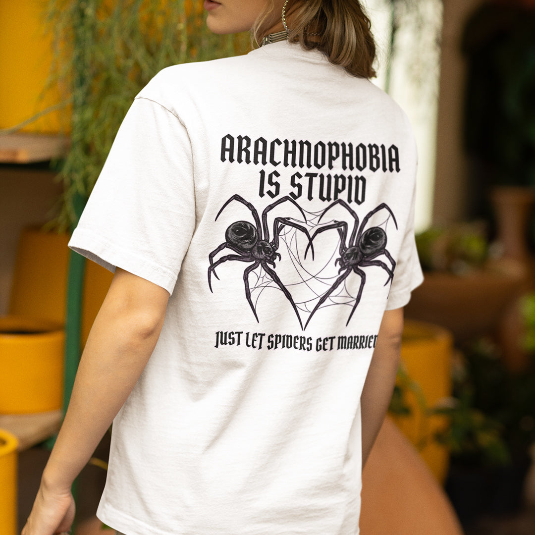 Arachnophobia is stupid just lets spiders get married T-Shirt (backprint) Orbital Clothing