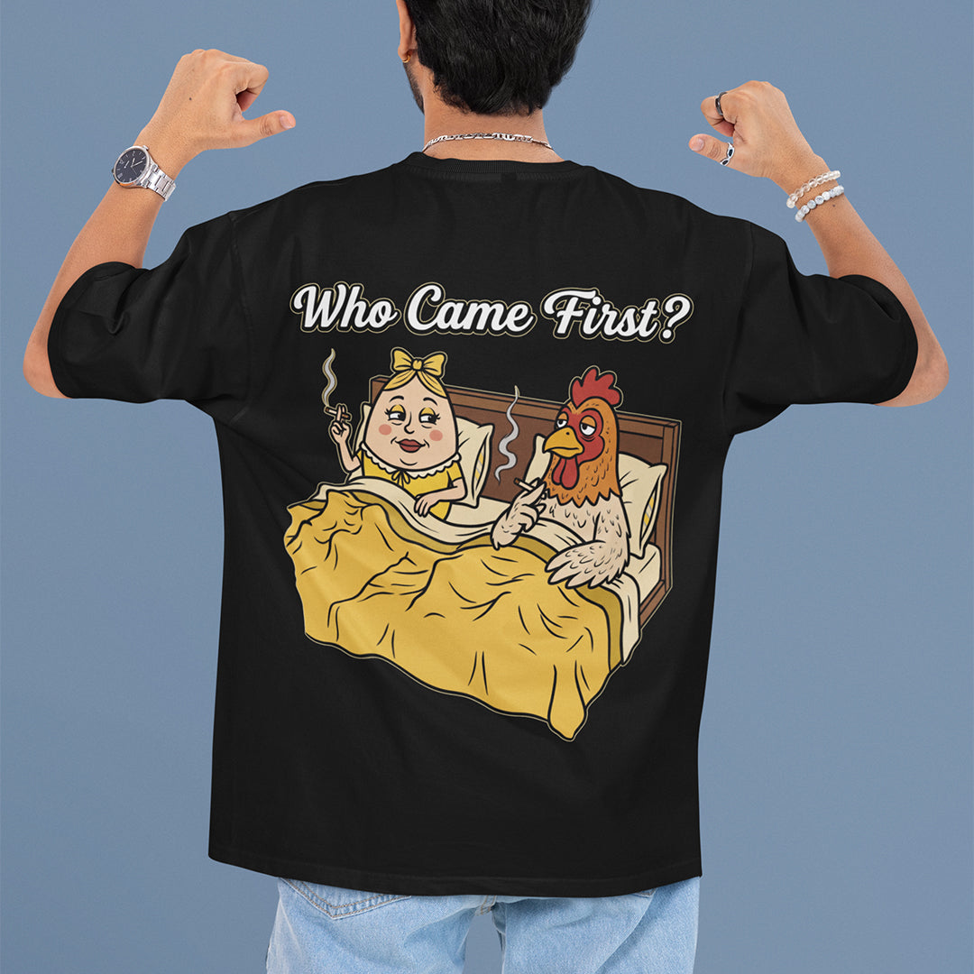 Who came first (the chicken or the egg) T-Shirt (backprint) Orbital Clothing