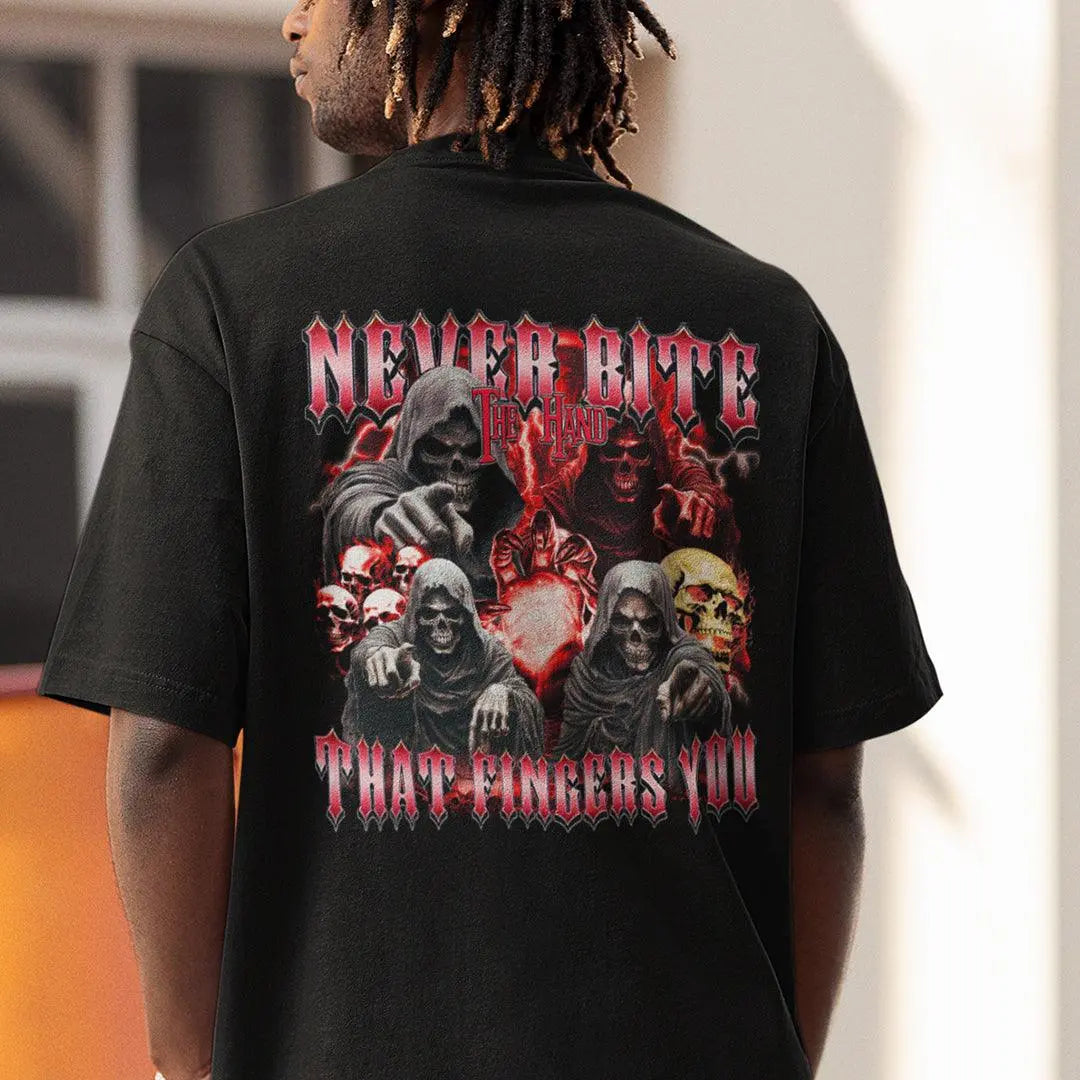 Never Bite the Hand that Fingers You T-Shirt (backprint) - Orbital Clothing