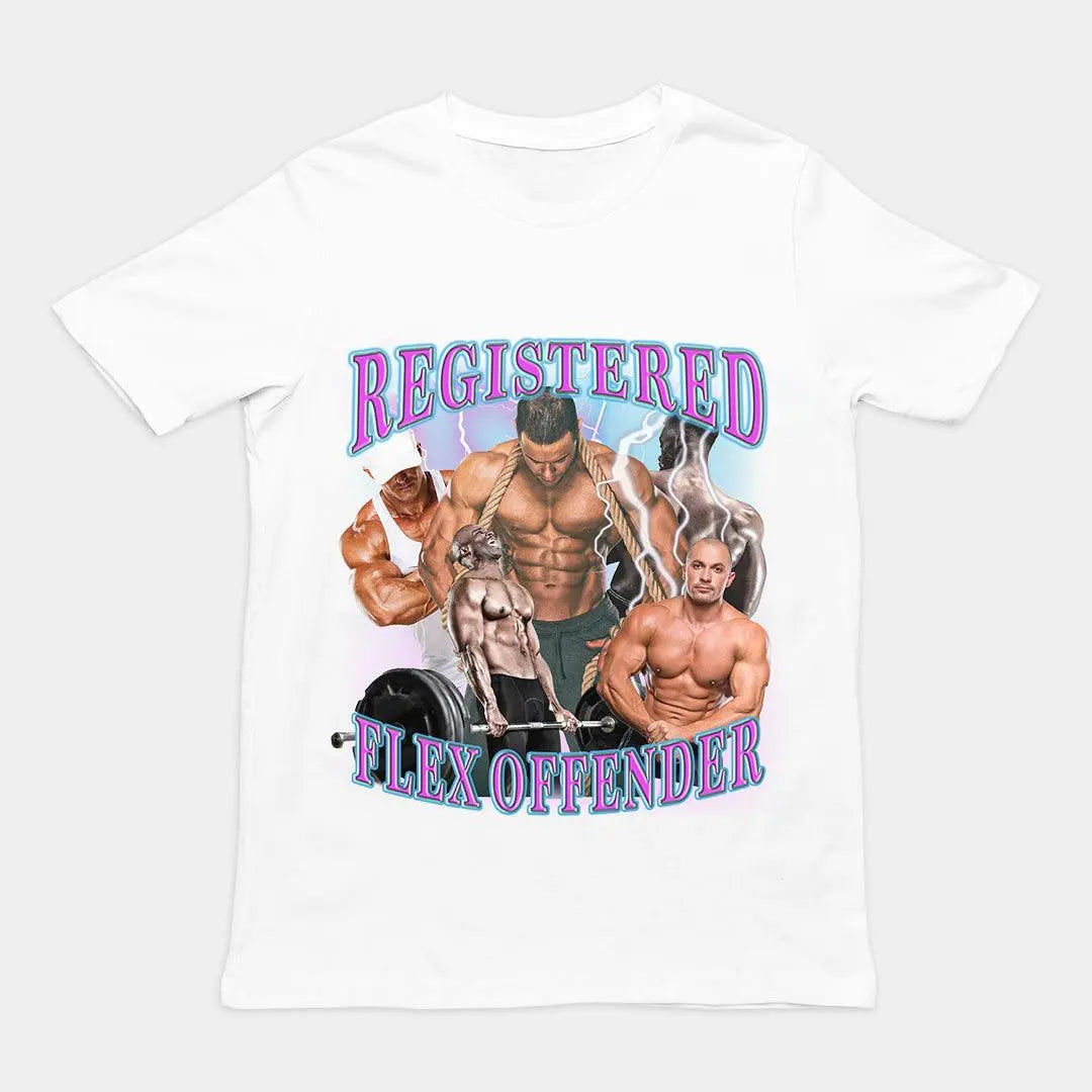Funny "Registered Flex Offender" gym pun graphic printed on a white premium workout t-shirt.