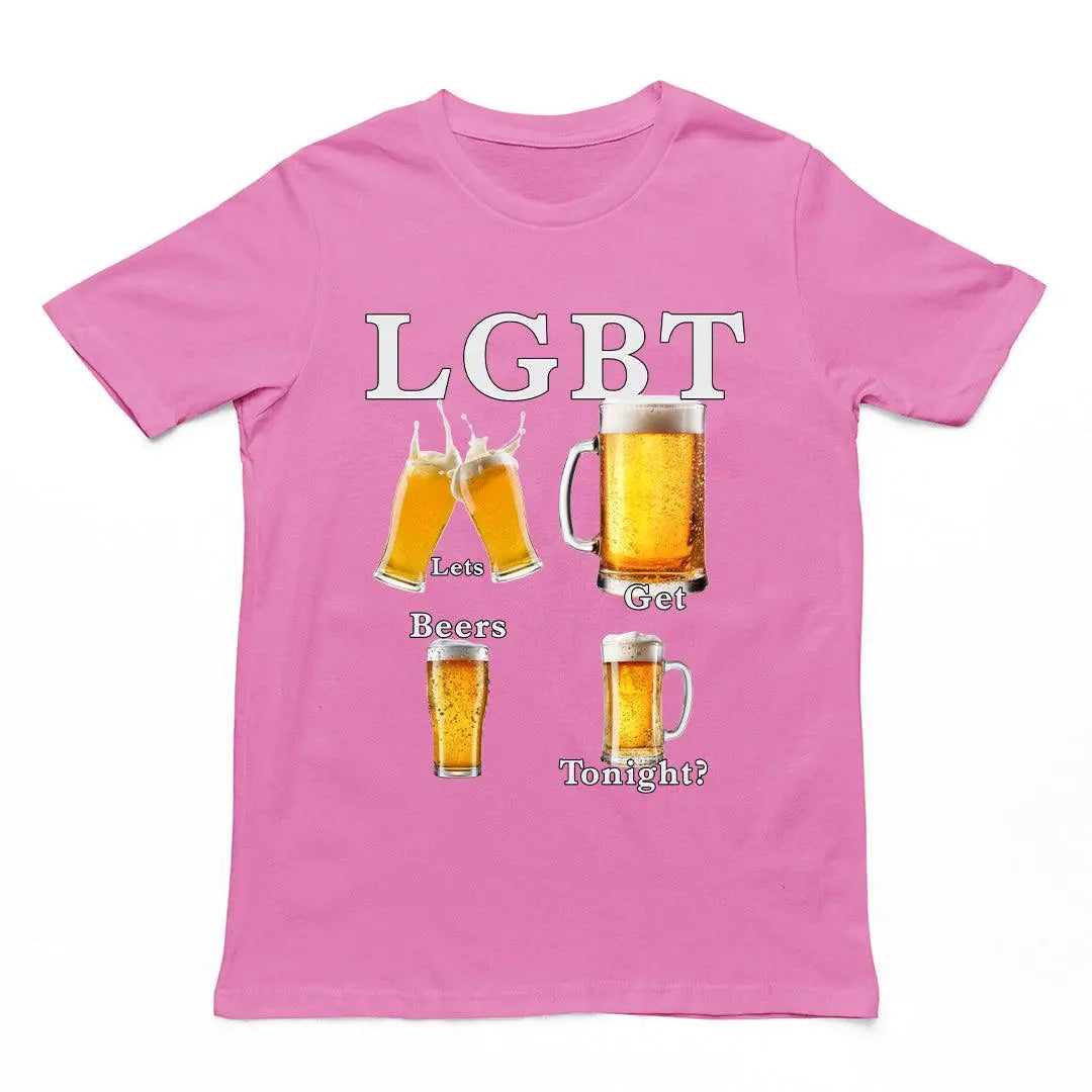 Funny "LGBT - Lets Get Beers Tonight" drinking pun graphic printed on a azalea pink premium heavy cotton t-shirt.