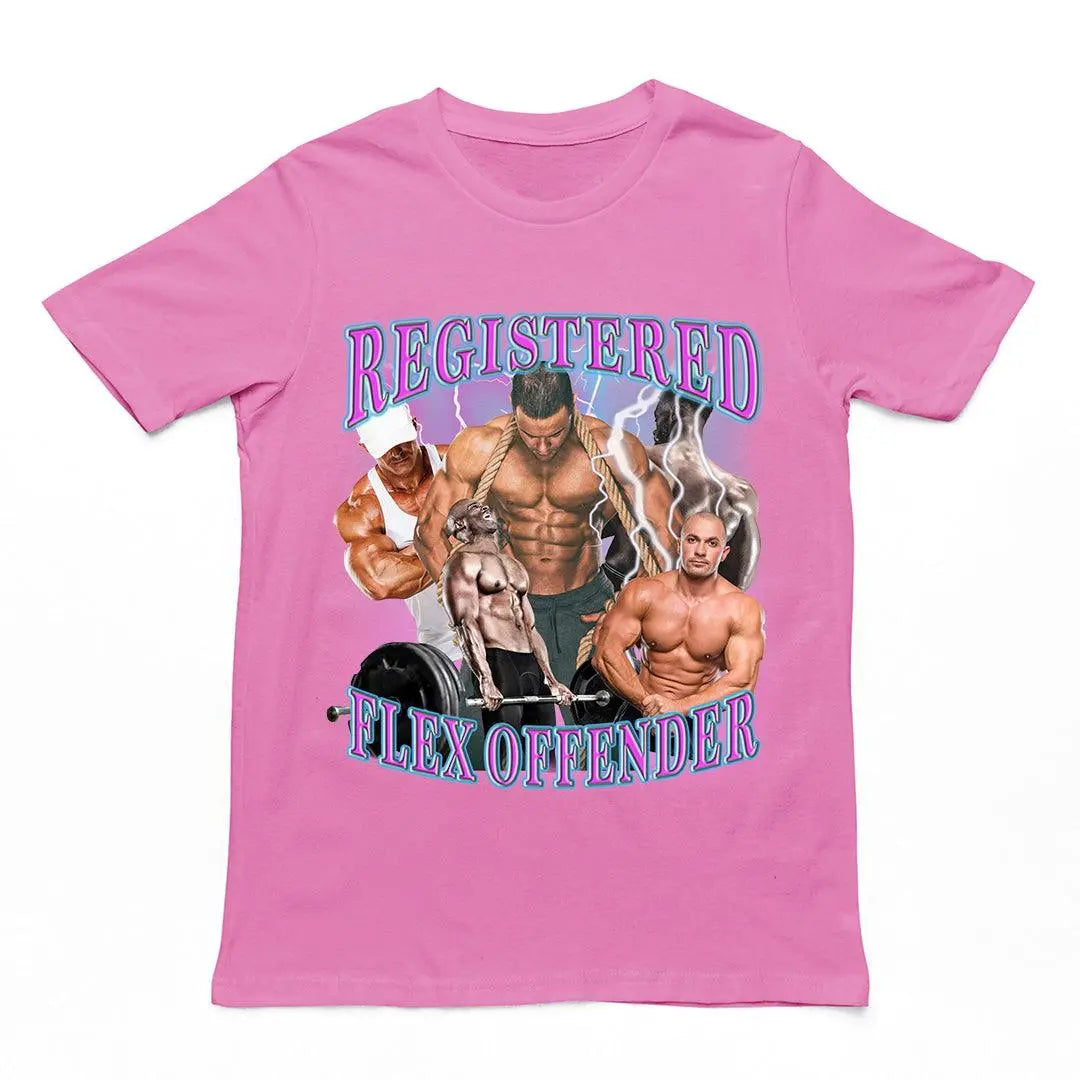 Funny "Registered Flex Offender" gym pun graphic printed on a azalea pink premium workout t-shirt.