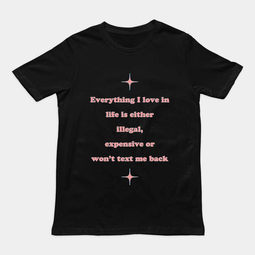 Everything I love in life is either illegal, expensive or won't text me back T-Shirt