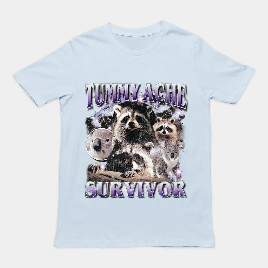 Relatable "Tummy Ache Survivor" text in a decorative style printed on a light blue premium banter t-shirt.