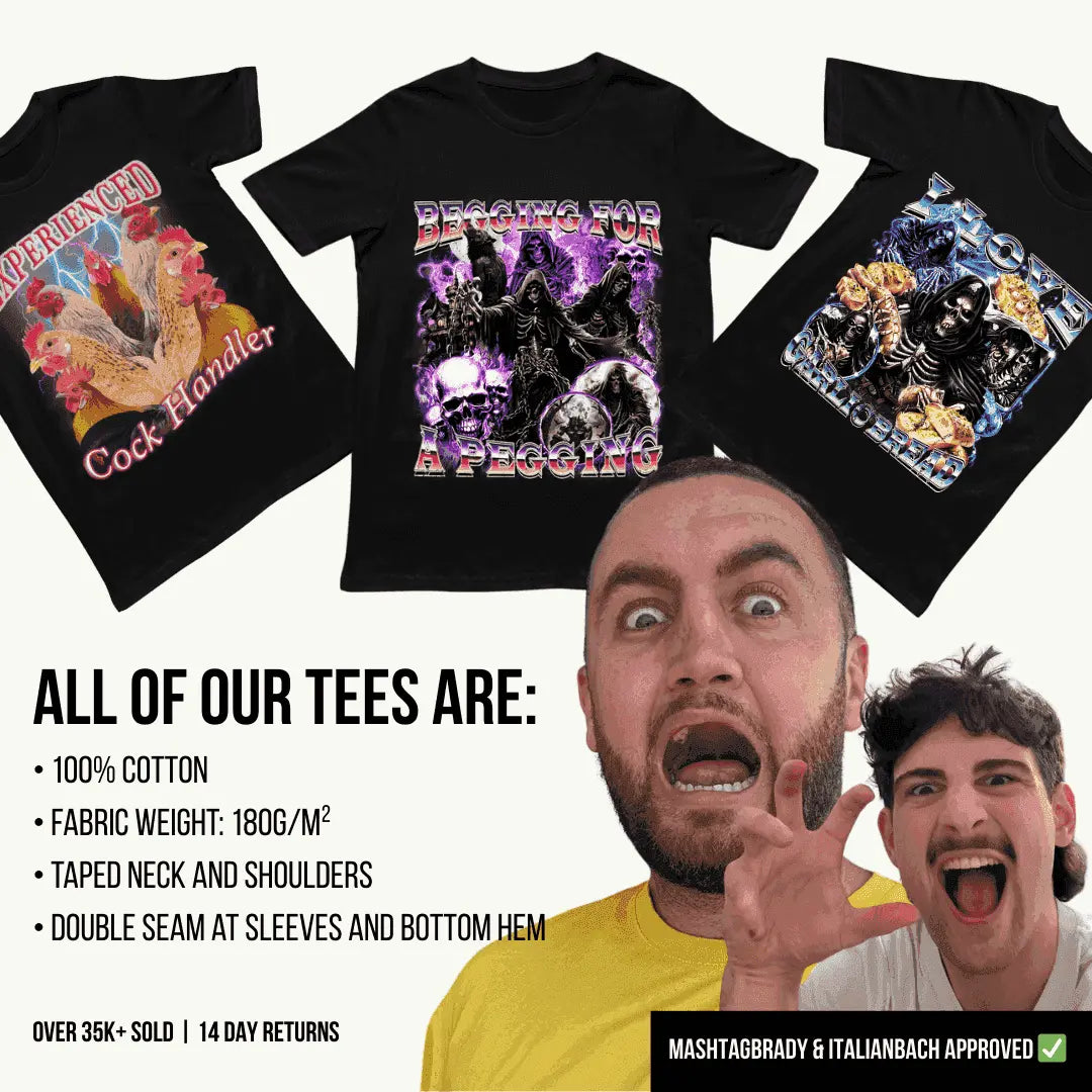 Three black t-shirts with graphic designs and a promotional text overlay featuring two people shouting.
