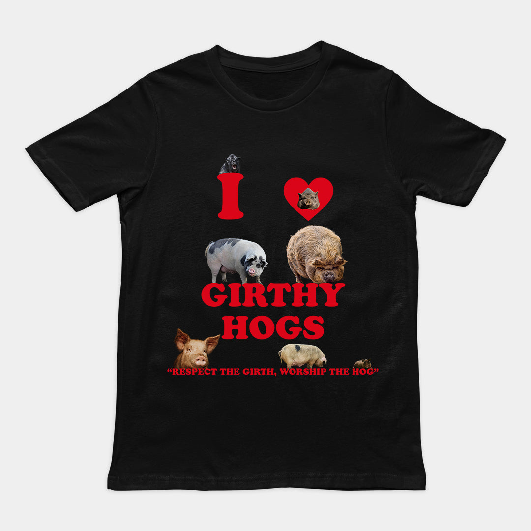Orbital Clothing black t-shirt featuring funny graphic text I Love Girthy Hogs with fat hedgehog illustration