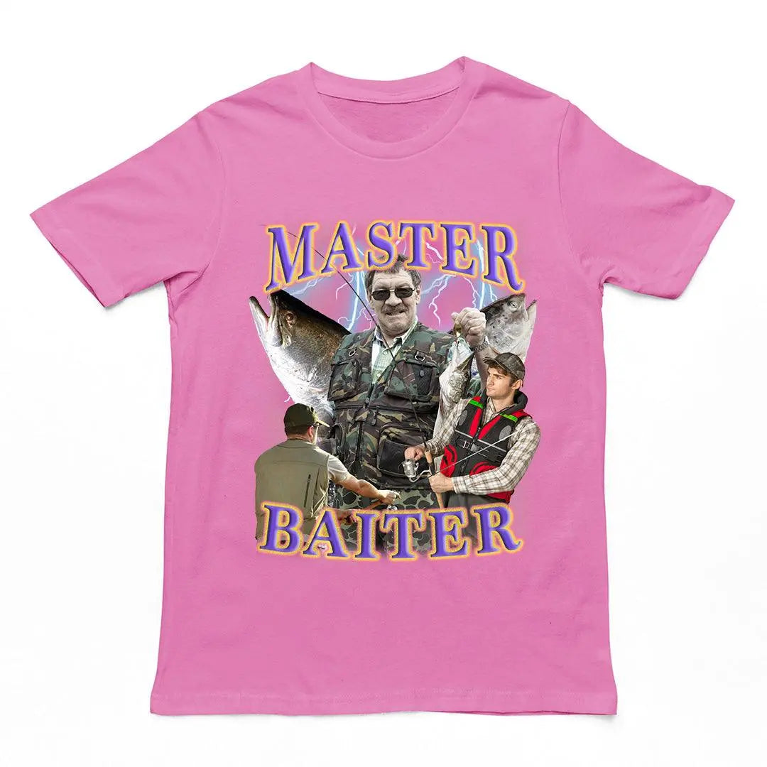 Classic "Master Baiter" fishing pun graphic design printed on a pink azalea cotton t-shirt.