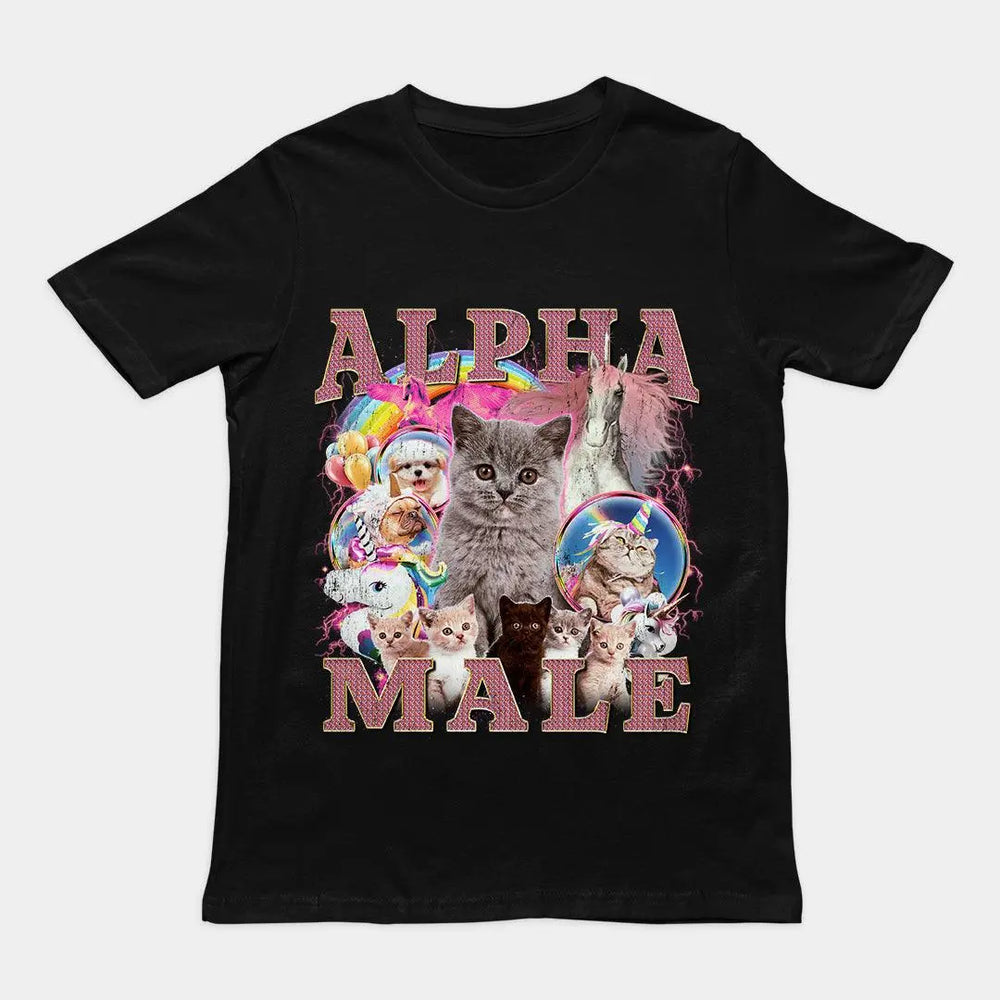 Sarcastic "Alpha Male" updated graphic design printed on a black premium heavy cotton t-shirt.