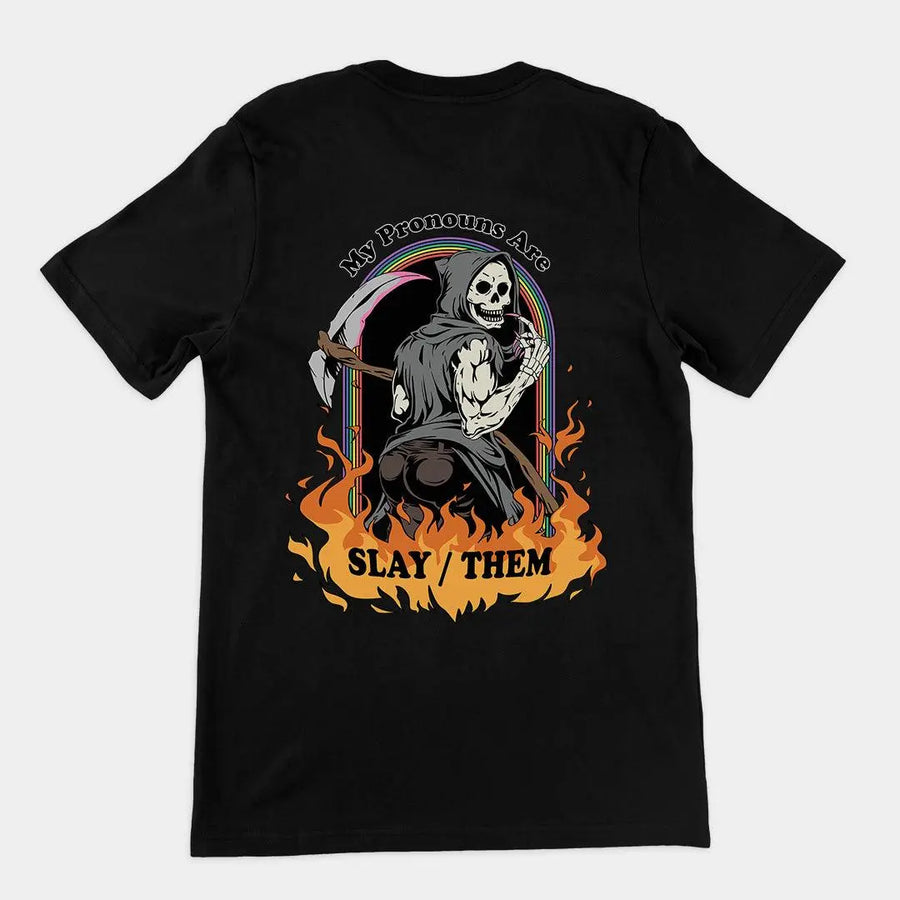 My Pronouns are Slay_Them Cartoon t-shirt (backprint) - Orbital Clothing