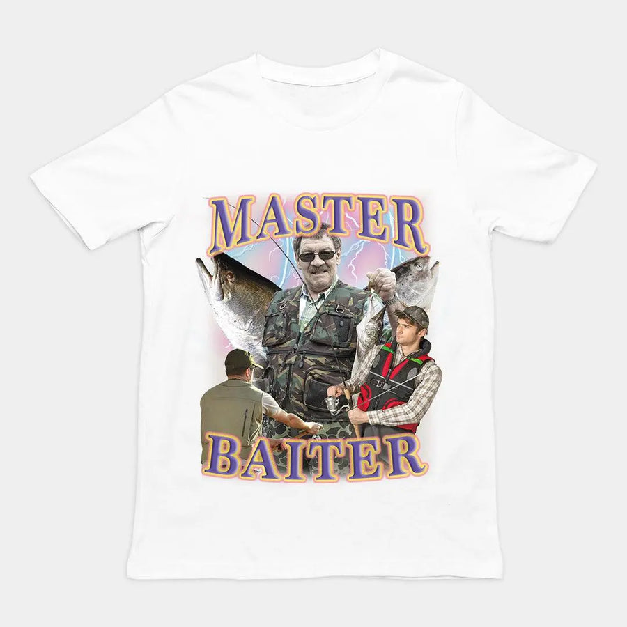 Classic "Master Baiter" fishing pun graphic design printed on a white cotton t-shirt.
