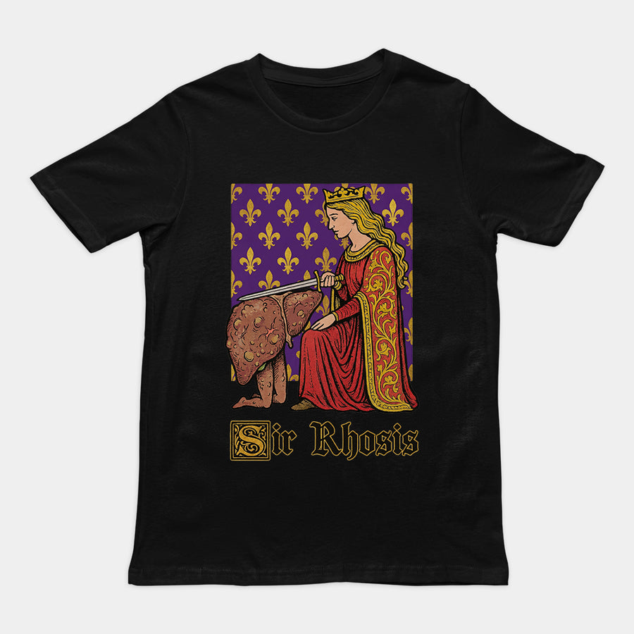 Clever "Sir Rhosis" drinking pun character graphic printed on a black premium graphic t-shirt.