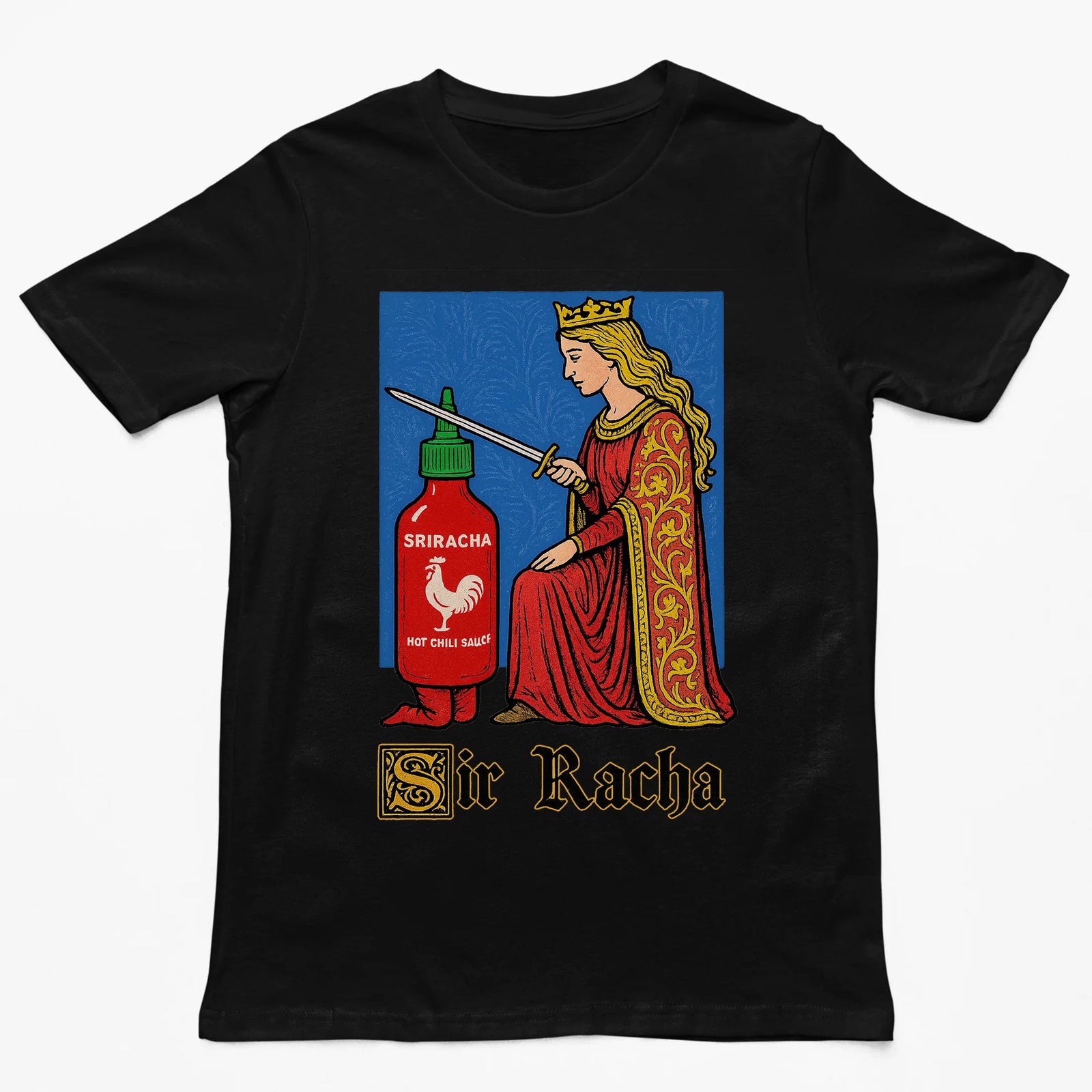 Orbital Clothing black t-shirt featuring Sir Racha graphic print depicting a hot sauce bottle dressed as a medieval knight