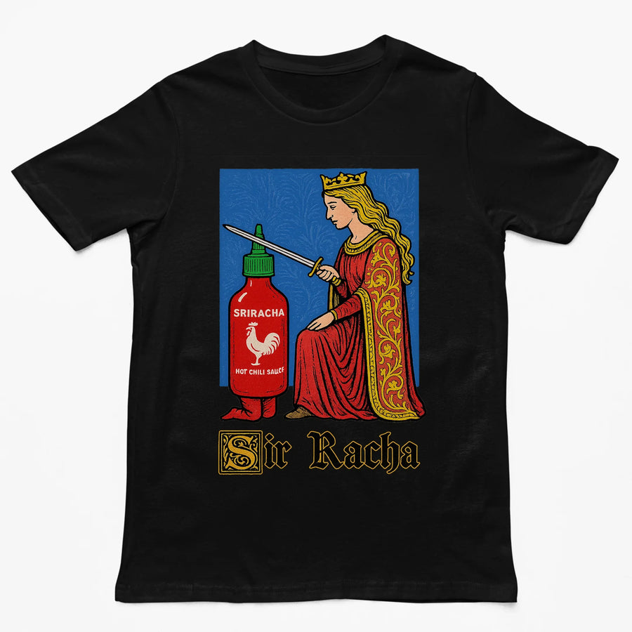 Orbital Clothing black t-shirt featuring Sir Racha graphic print depicting a hot sauce bottle dressed as a medieval knight