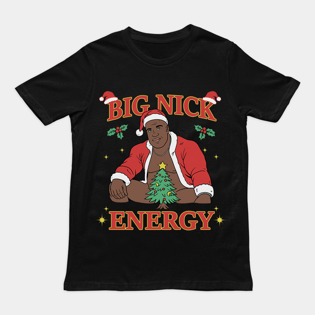 Orbital Clothing black t-shirt featuring funny Christmas graphic text Big Nick Energy with Santa Claus design