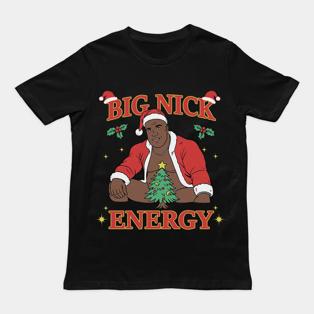 Orbital Clothing black t-shirt featuring funny Christmas graphic text Big Nick Energy with Santa Claus design