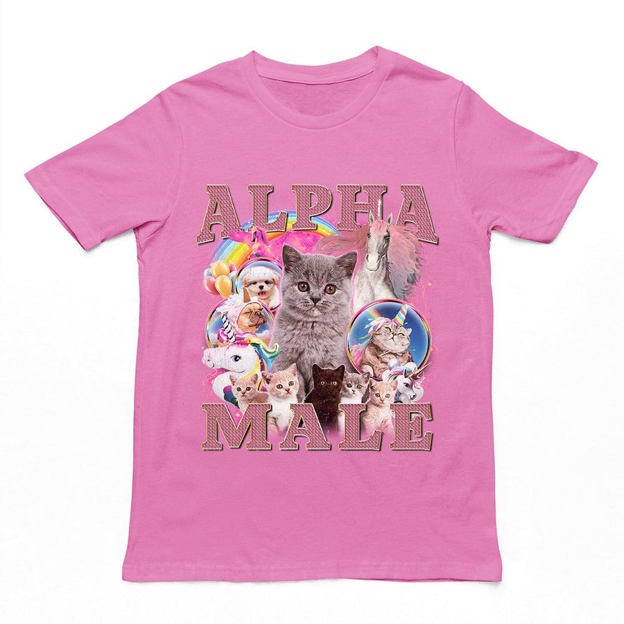 Sarcastic "Alpha Male" updated graphic design printed on a azalea pink premium heavy cotton t-shirt.