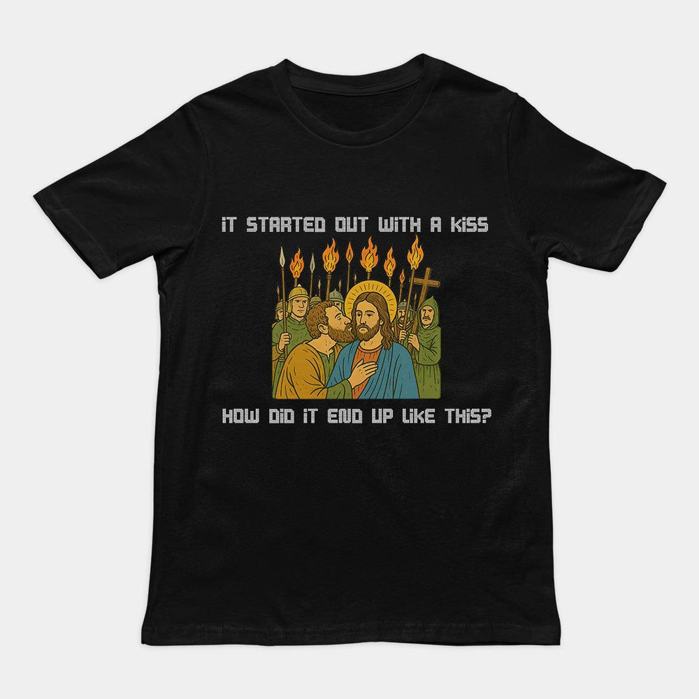 It was only a kiss How did it end up like this Jesus & Judas T-Shirt - Orbital Clothing