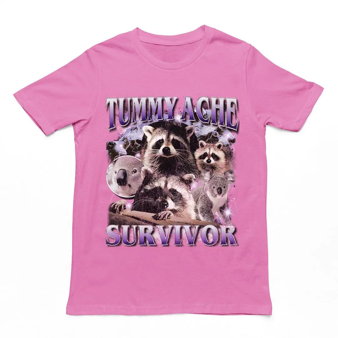 Relatable "Tummy Ache Survivor" text in a decorative style printed on a azalea pink premium banter t-shirt.