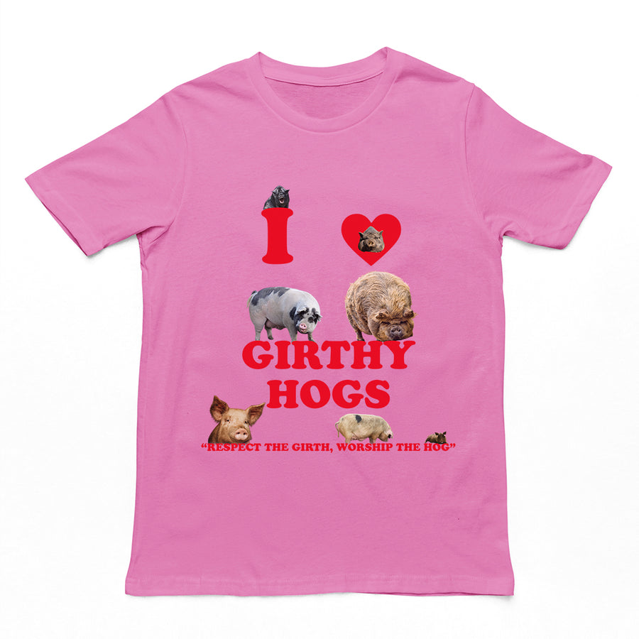 Orbital Clothing azalea pink t-shirt featuring funny graphic text I Love Girthy Hogs with fat hedgehog illustration