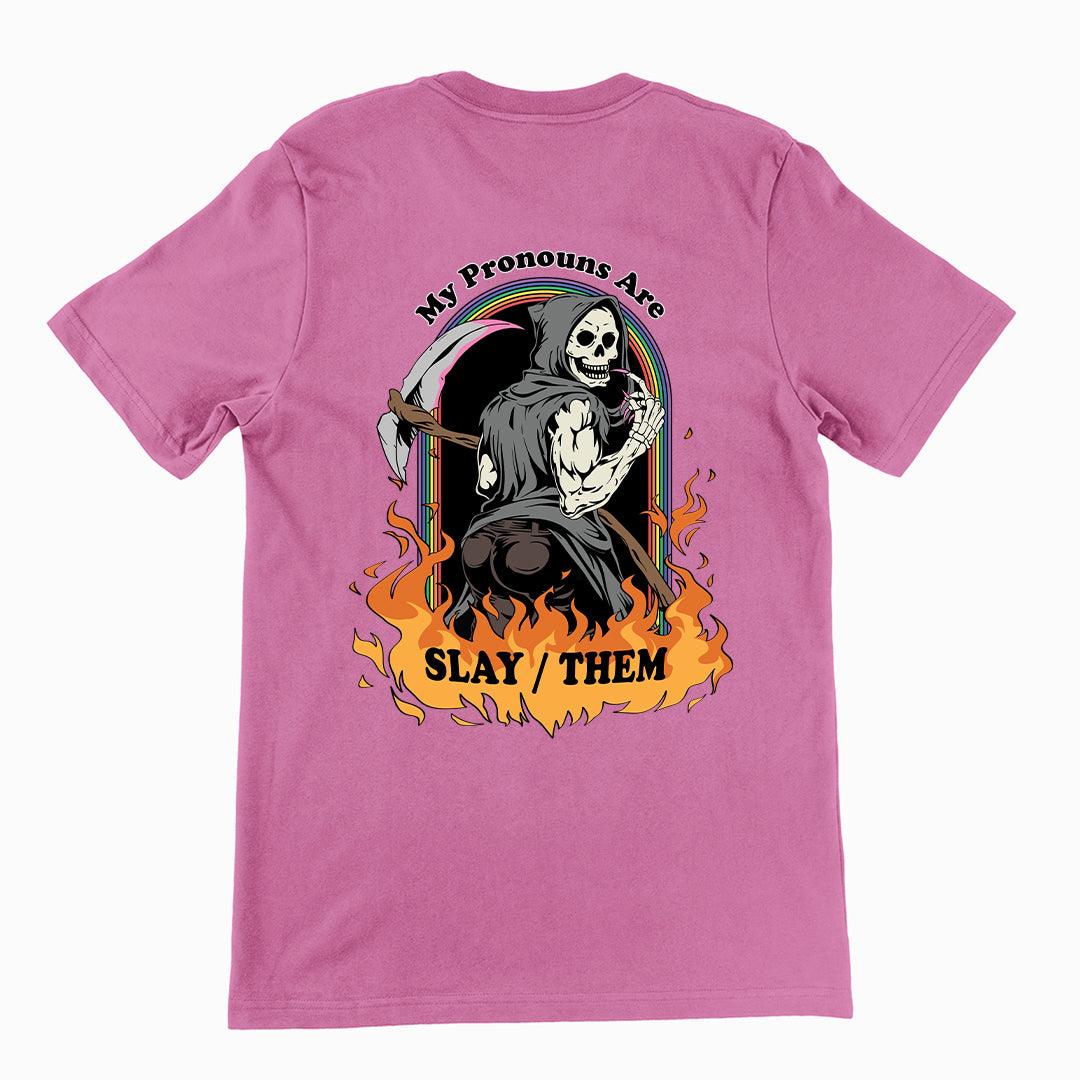 My Pronouns are Slay_Them Cartoon t-shirt (backprint) - Orbital Clothing