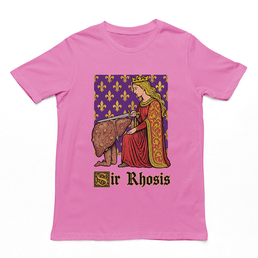 Clever "Sir Rhosis" drinking pun character graphic printed on a azalea pink premium graphic t-shirt.
