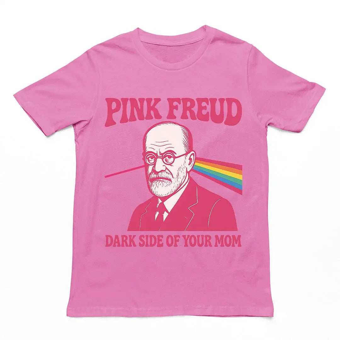 Pink Freud psychology pun graphic with Dark Side of the Moon inspired prism on a azalea pink premium t-shirt.