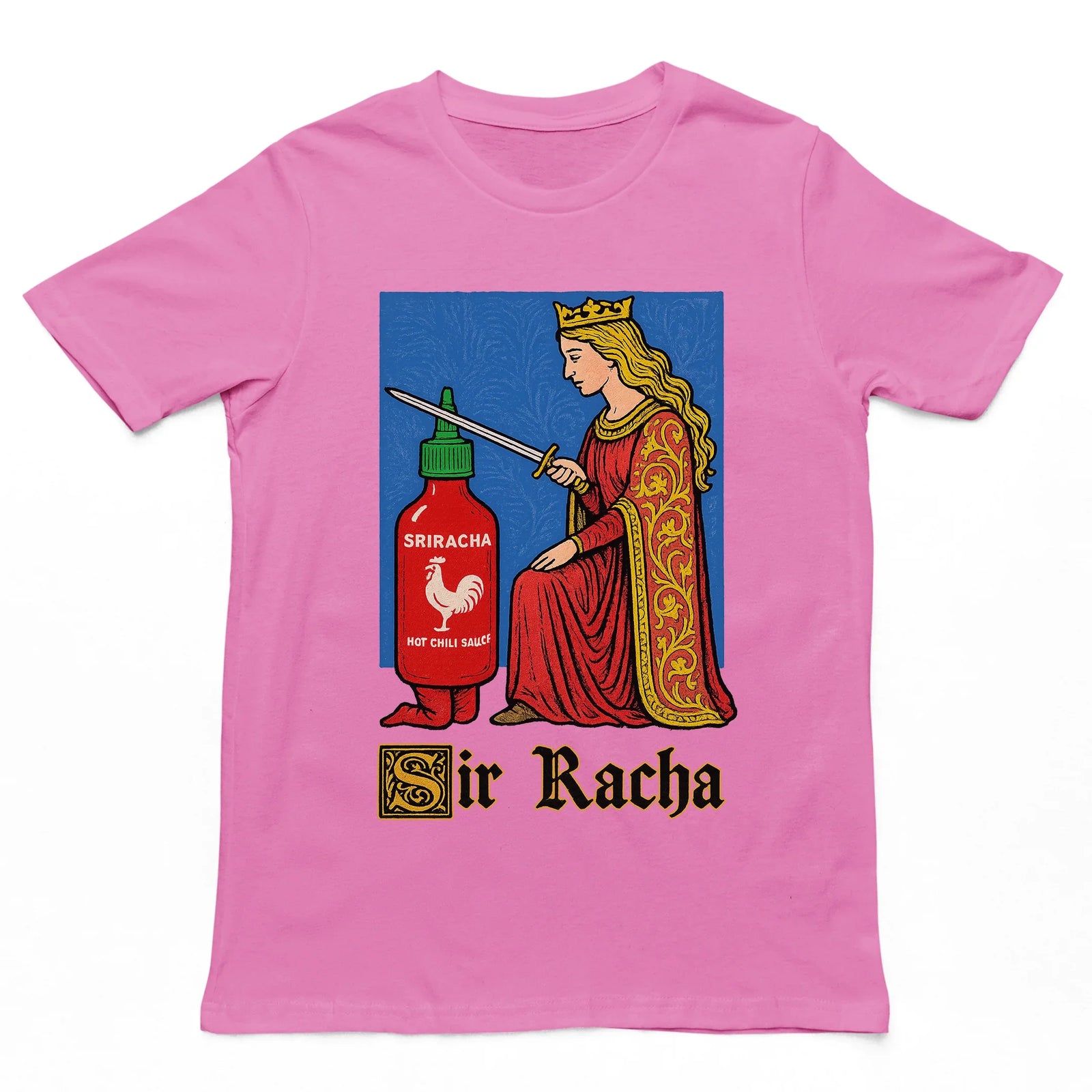 Orbital Clothing azalea pink t-shirt featuring Sir Racha graphic print depicting a hot sauce bottle dressed as a medieval knight