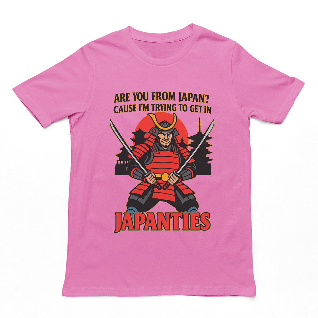 Humorous "Are you from Japan? Cause I'm trying to get in Japanties" pick-up line graphic on a pink azalea premium t-shirt.