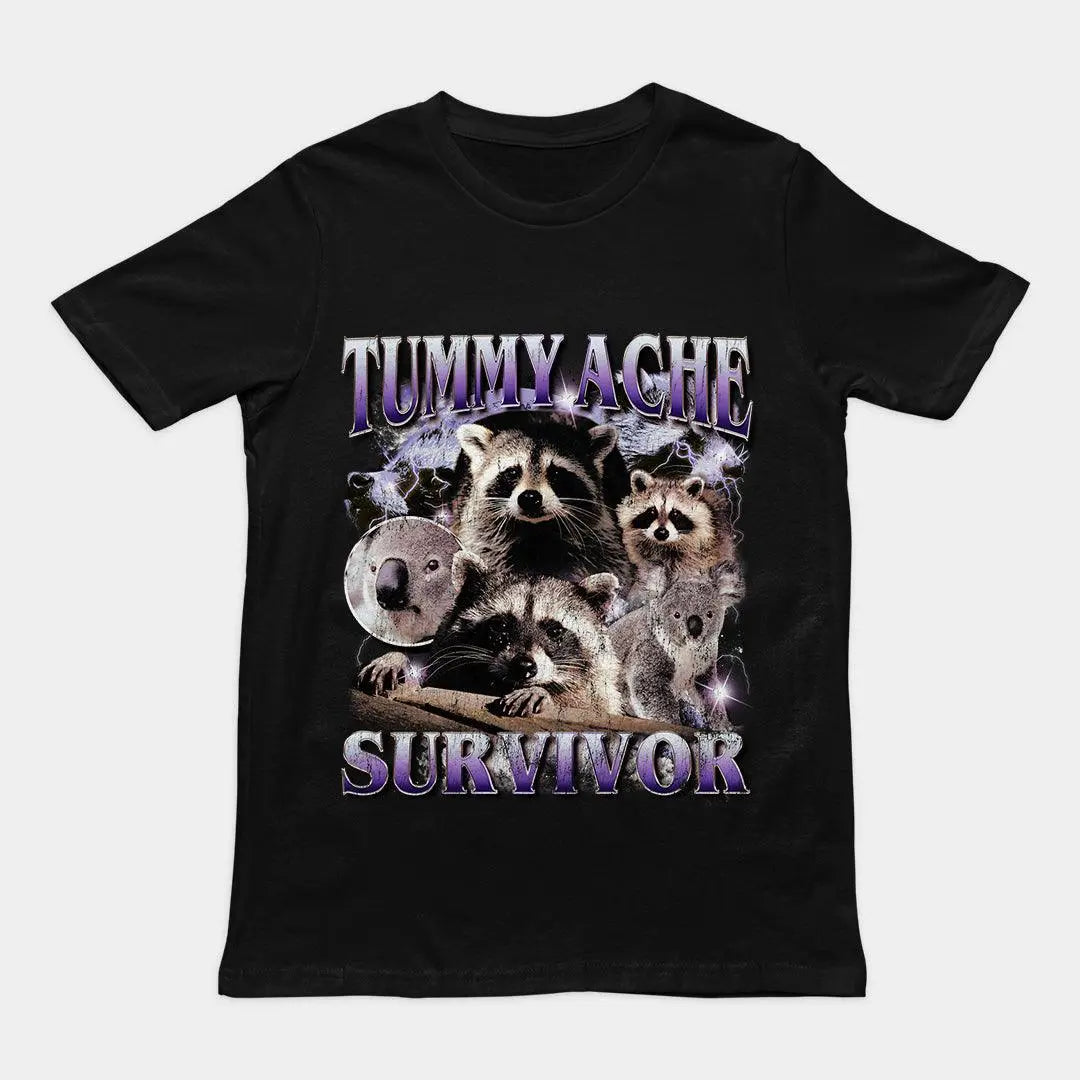 Relatable "Tummy Ache Survivor" text in a decorative style printed on a black premium banter t-shirt.
