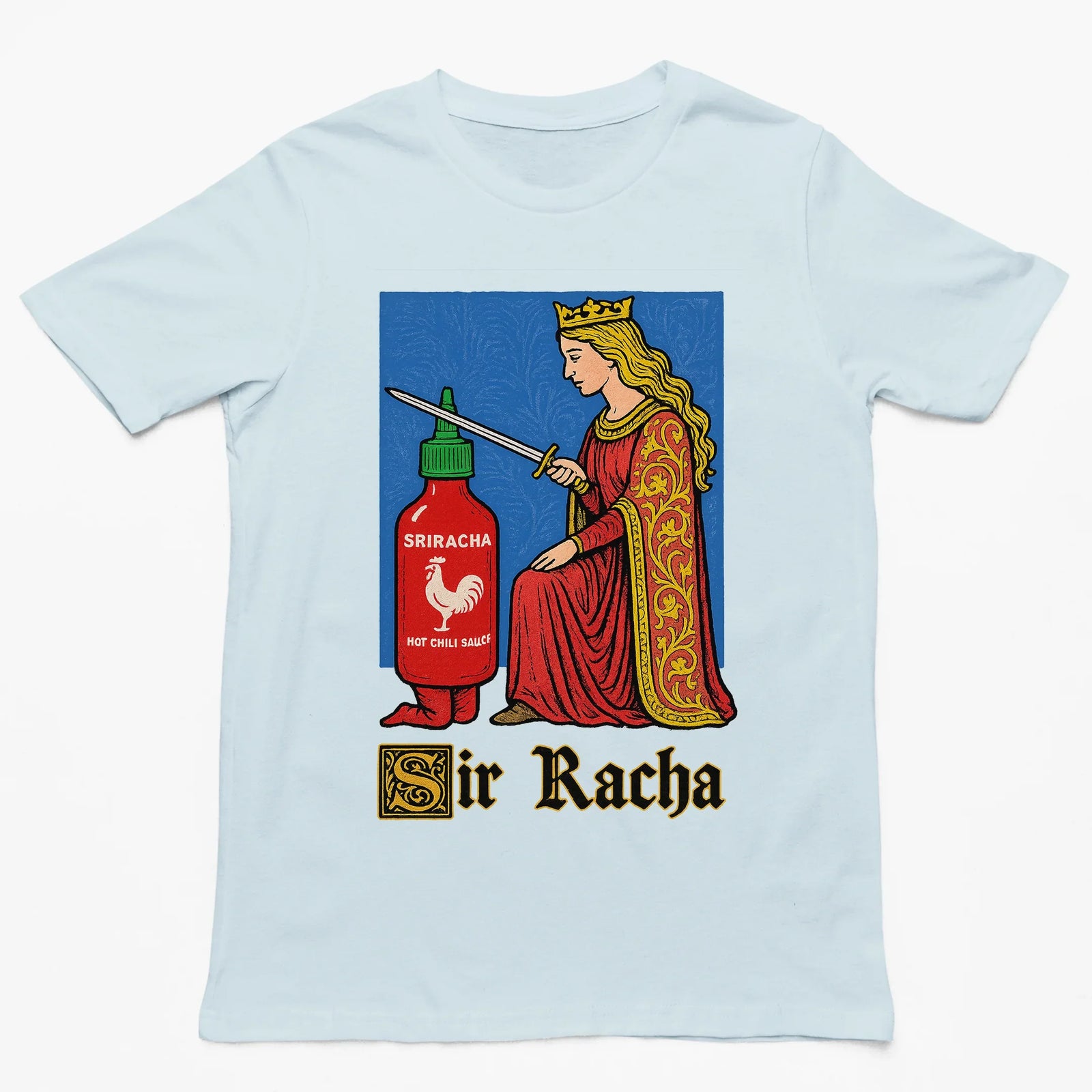 Orbital Clothing light blue t-shirt featuring Sir Racha graphic print depicting a hot sauce bottle dressed as a medieval knight