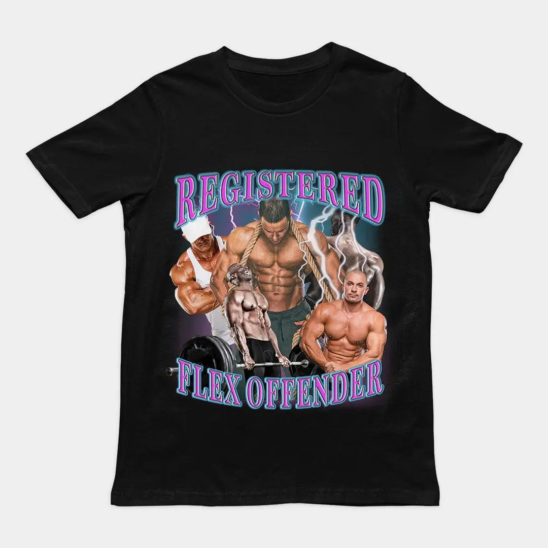 Funny "Registered Flex Offender" gym pun graphic printed on a black premium workout t-shirt.