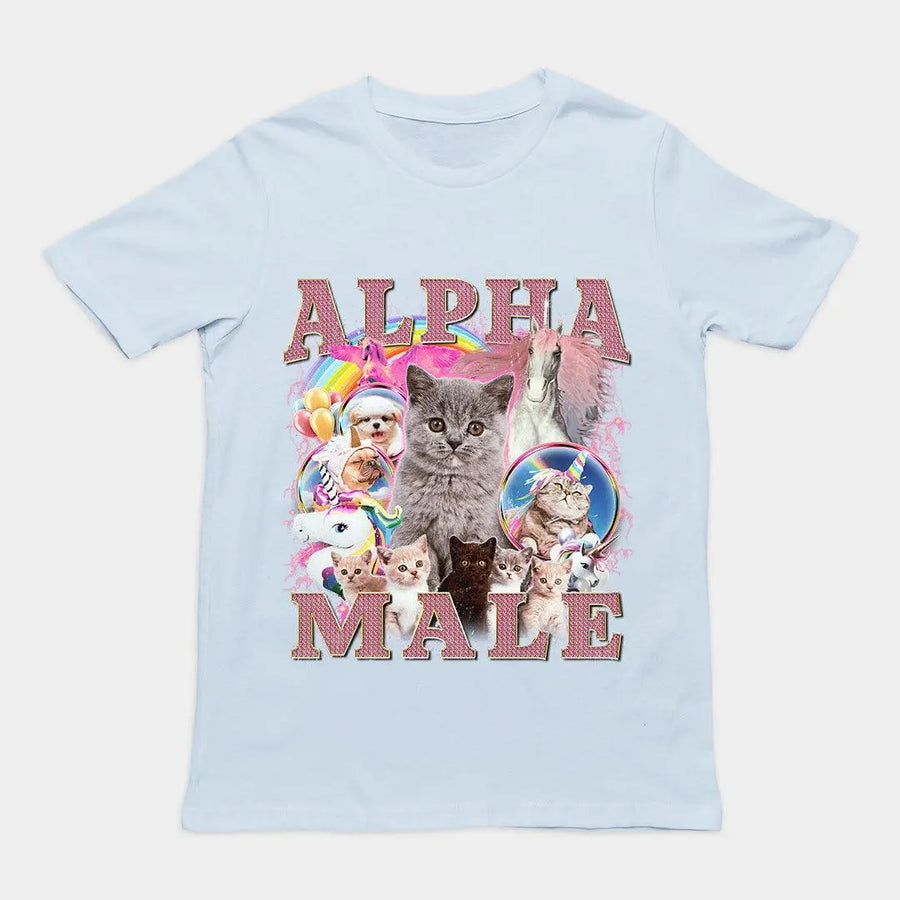 Sarcastic "Alpha Male" updated graphic design printed on a light blue premium heavy cotton t-shirt.