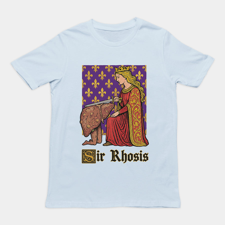 Clever "Sir Rhosis" drinking pun character graphic printed on a light blue premium graphic t-shirt.