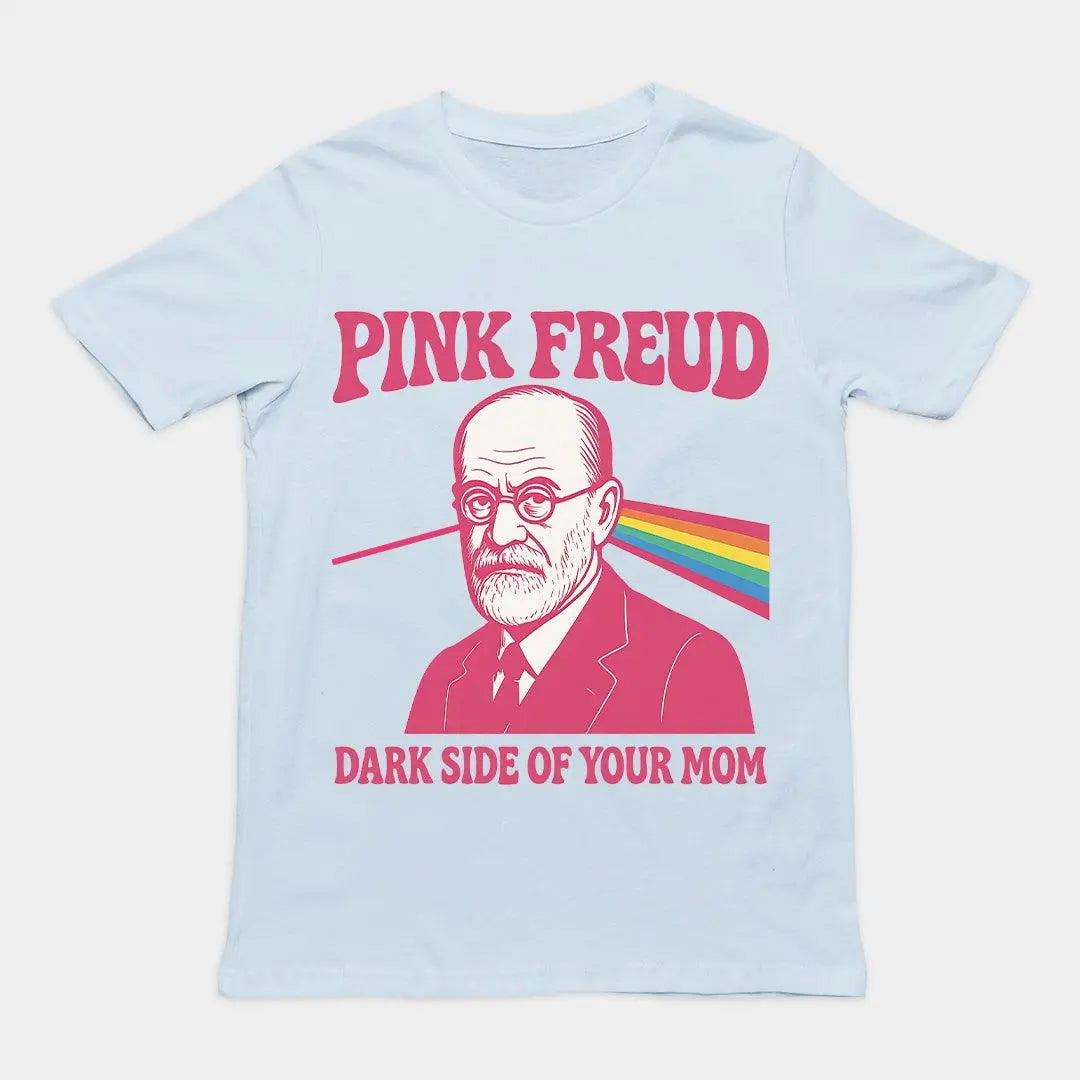 Pink Freud psychology pun graphic with Dark Side of the Moon inspired prism on a light blue premium t-shirt.