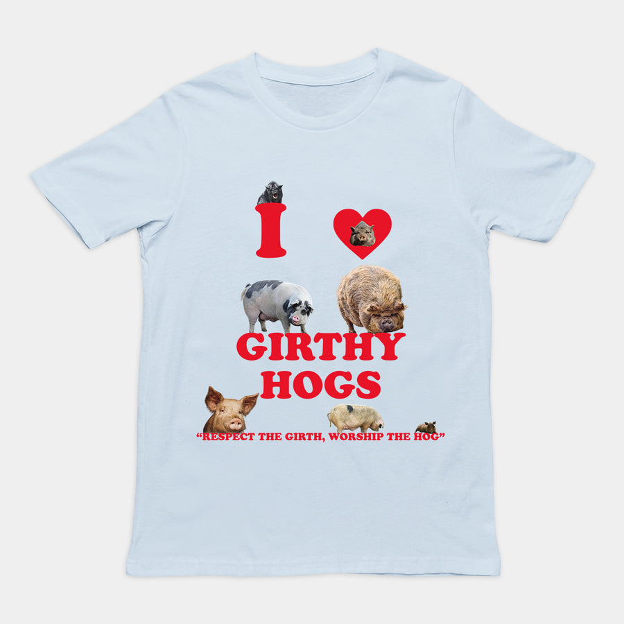 Orbital Clothing light blue t-shirt featuring funny graphic text I Love Girthy Hogs with fat hedgehog illustration