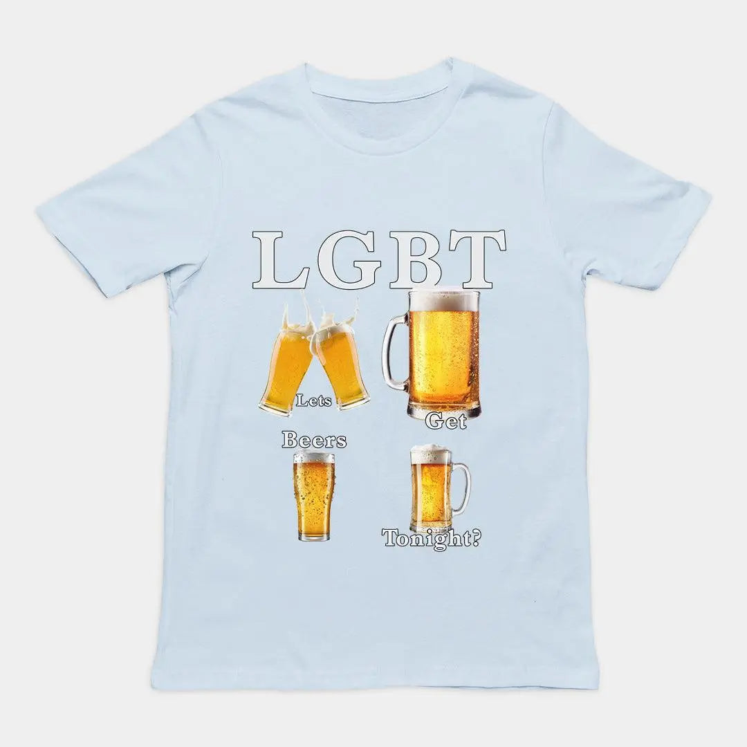 Funny "LGBT - Lets Get Beers Tonight" drinking pun graphic printed on a light blue premium heavy cotton t-shirt.